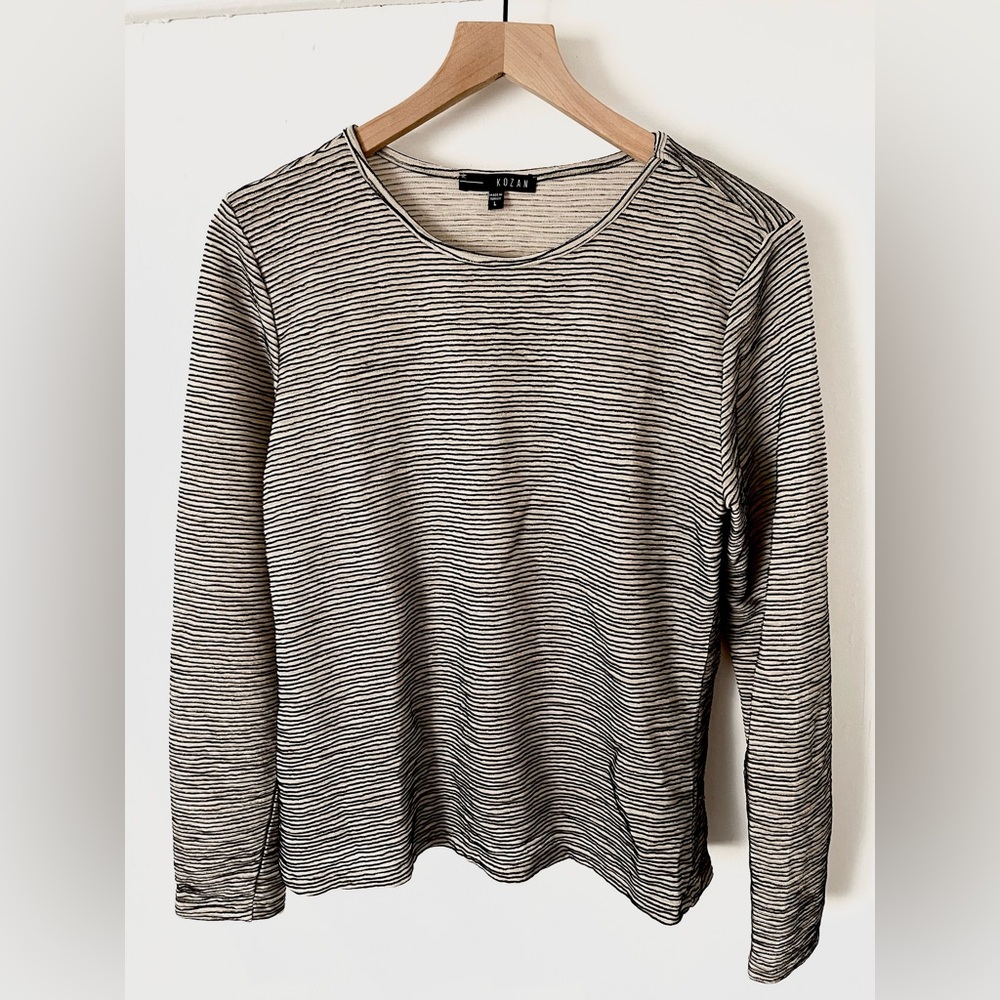 Kozan Textured Stripe Knit Long Sleeve Top in Black & Cream Women’s Large